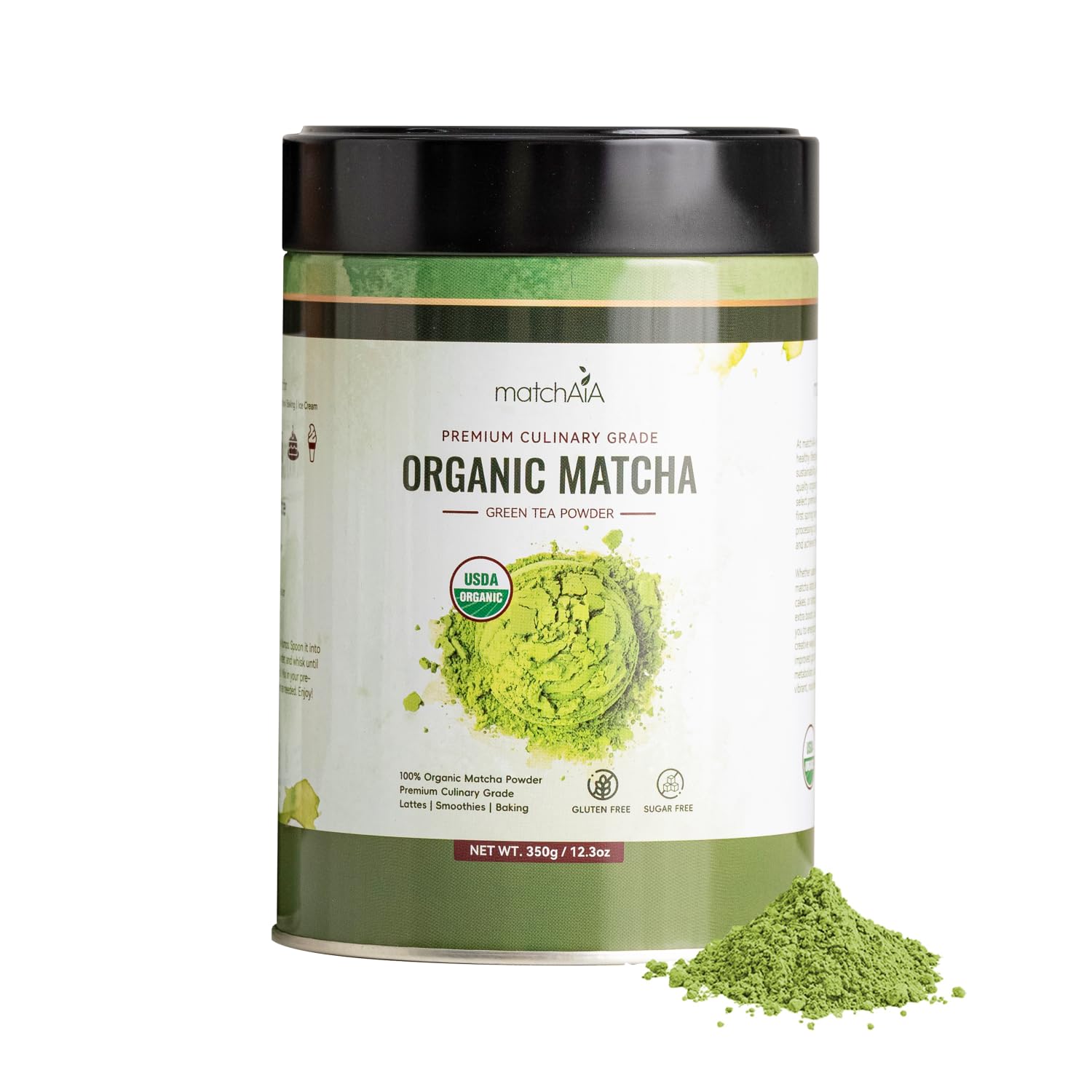 Premium Culinary Grade, 100% Pure Green Tea Powder, Perfect for Lattes, Smoothies, Desserts and Baking, Sugar Free, Gluten Free (350g / 12.3oz Tin Can) matchaia