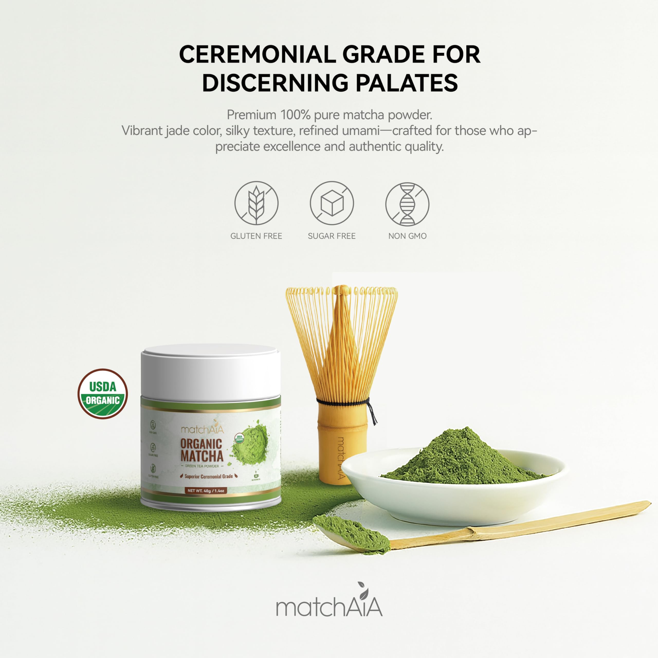 MatchAiA Organic Ceremonial Matcha Green Tea Powder - Superior Ceremonial Grade, First Spring Harvest, USDA Certified, 100% Pure - Sugar Free, Gluten Free matchaia