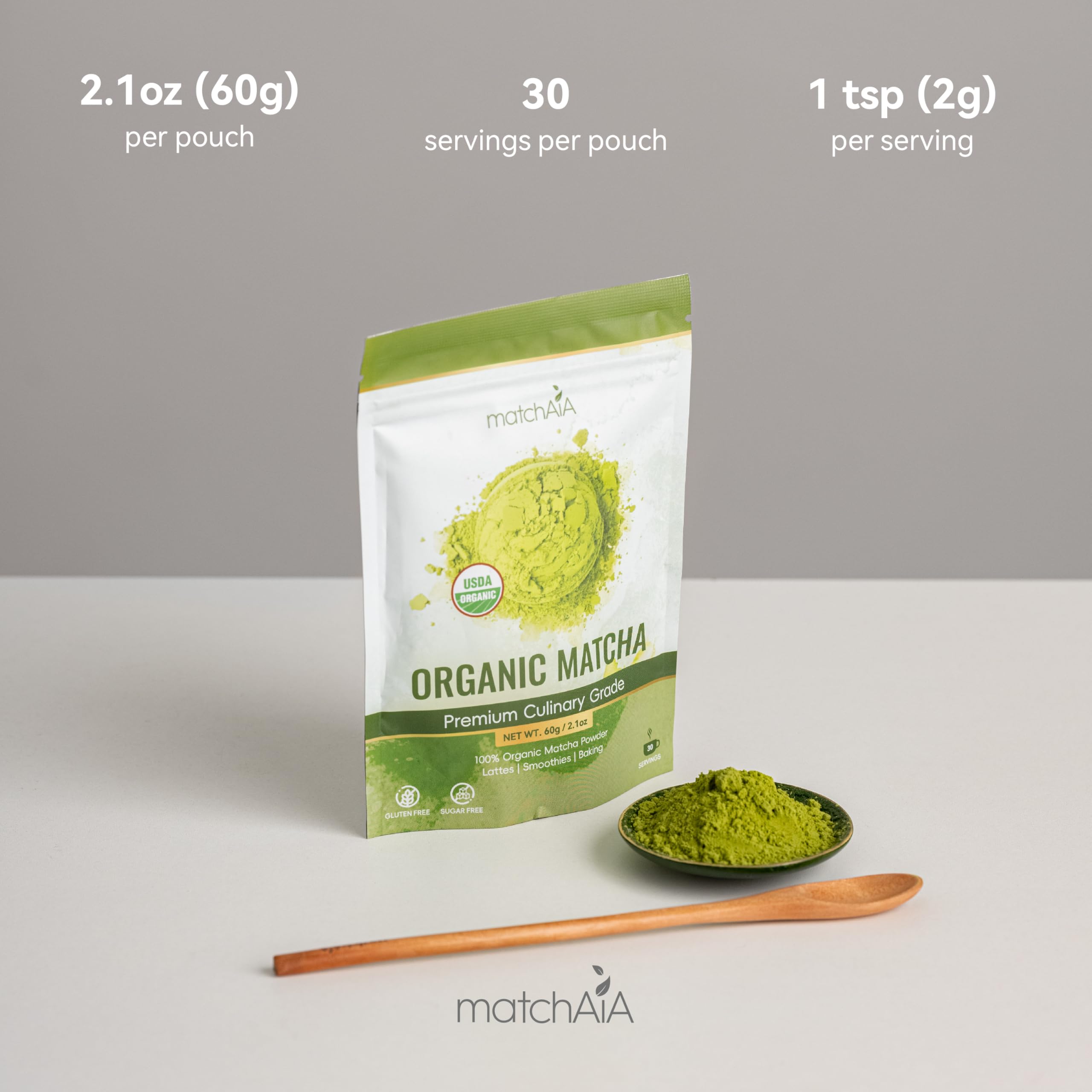 Premium Culinary Grade, 100% Pure Green Tea Powder, Perfect for Lattes, Smoothies, Desserts and Baking (60g / 2.1oz Pouch) matchaia