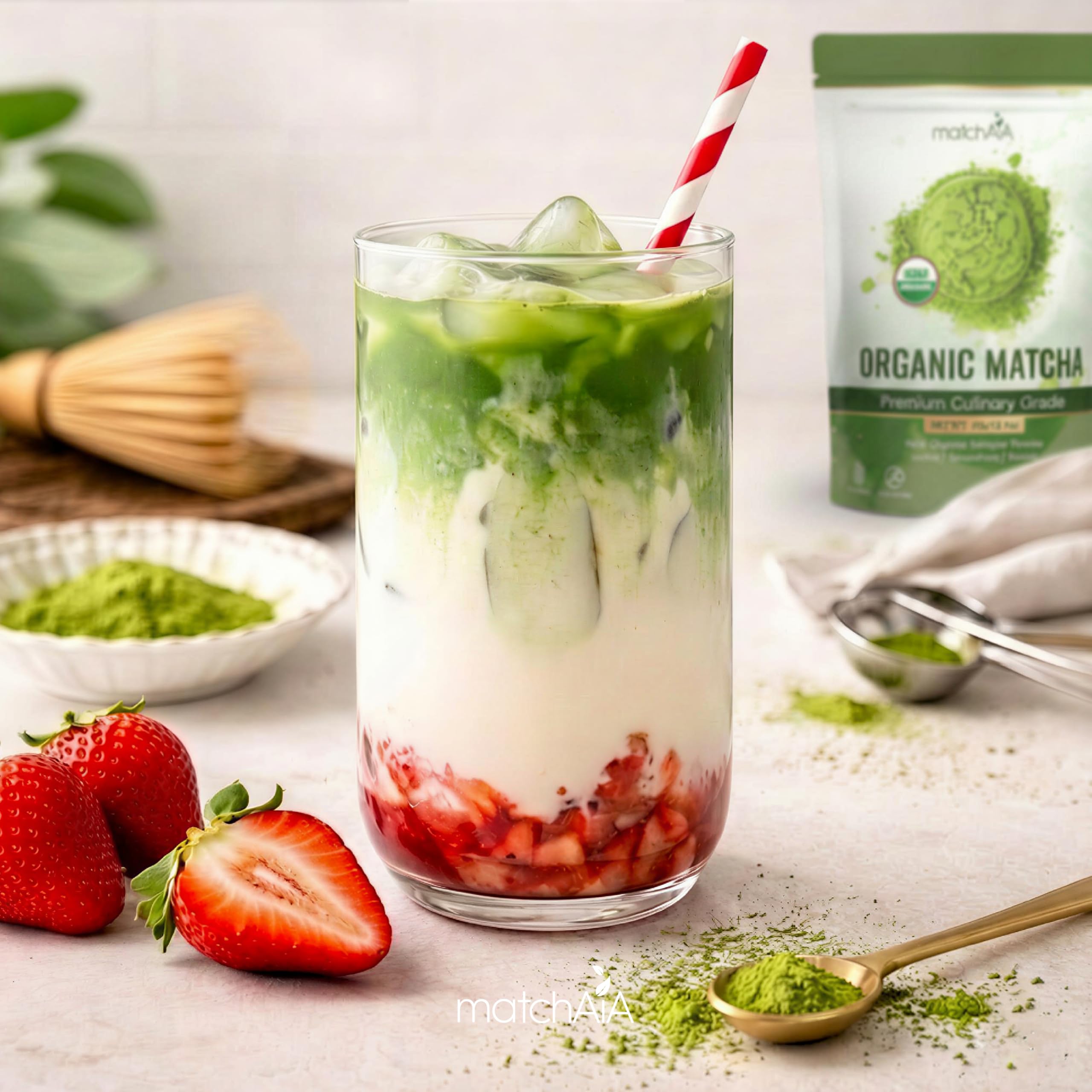 MatchAiA Organic Matcha Green Tea Powder - Premium Culinary Grade, USDA Certified, 100% Pure - Perfect for Lattes, Smoothies, Desserts and Baking - Sugar Free, Gluten Free matchaia