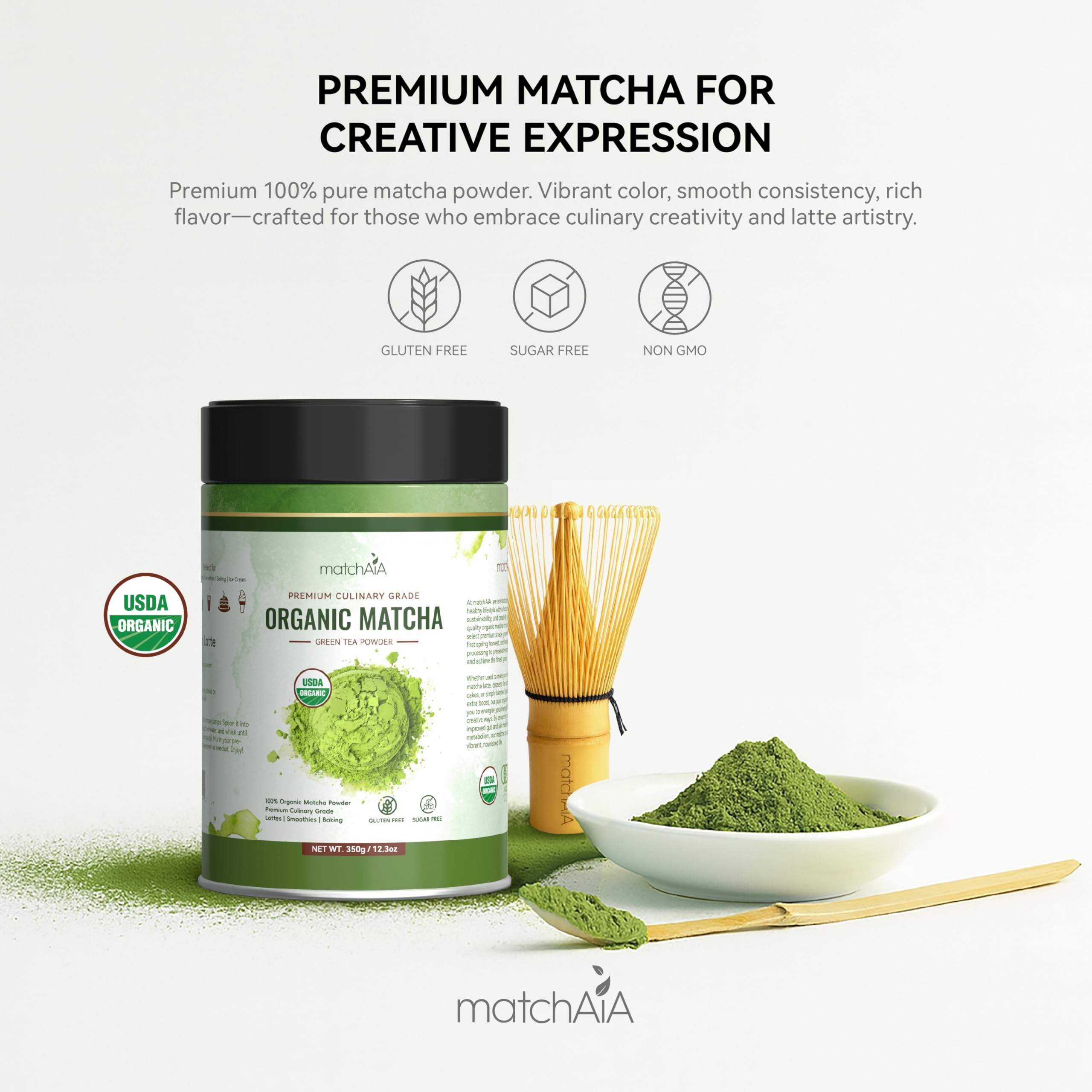 MatchAiA Organic Matcha Green Tea Powder - Premium Culinary Grade, USDA Certified, 100% Pure - Perfect for Lattes, Smoothies, Desserts and Baking - Sugar Free, Gluten Free (350g / 12.3oz Tin) matchaia