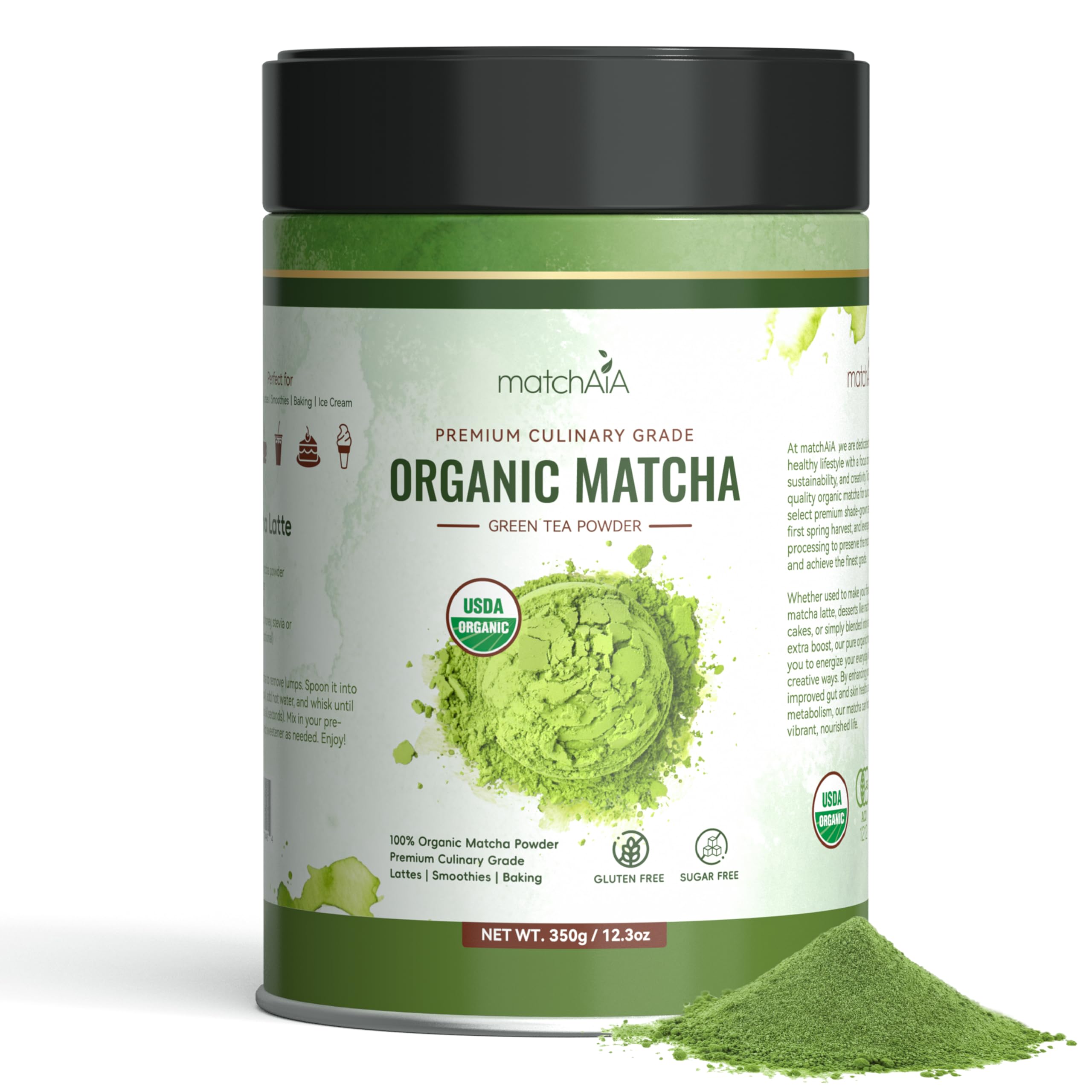 MatchAiA Organic Matcha Green Tea Powder - Premium Culinary Grade, USDA Certified, 100% Pure - Perfect for Lattes, Smoothies, Desserts and Baking - Sugar Free, Gluten Free (350g / 12.3oz Tin) matchaia