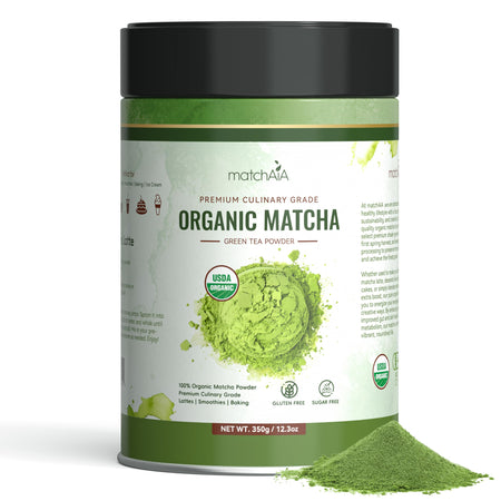 MatchAiA Organic Matcha Green Tea Powder - Premium Culinary Grade, USDA Certified, 100% Pure - Perfect for Lattes, Smoothies, Desserts and Baking - Sugar Free, Gluten Free (350g / 12.3oz Tin) matchaia