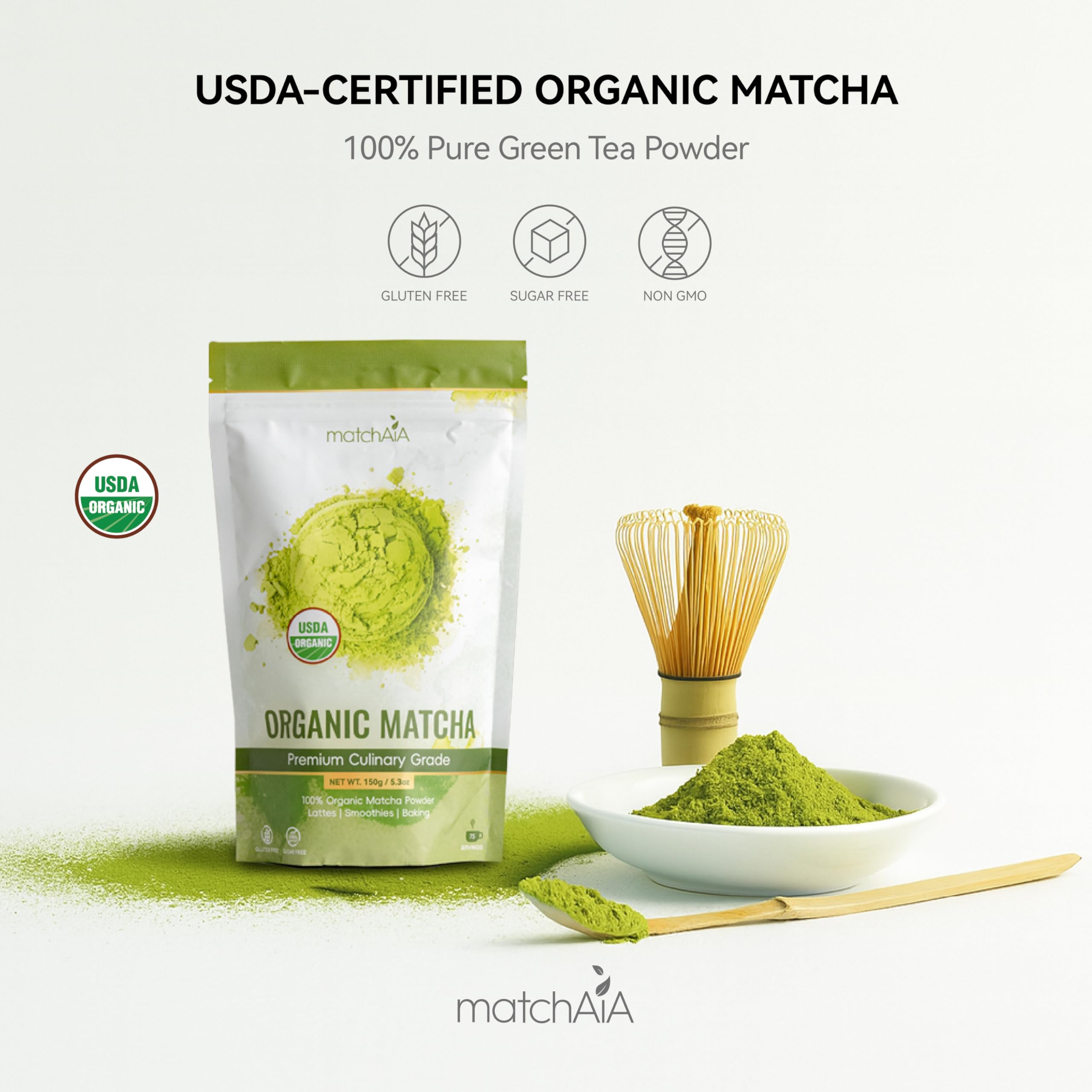 Premium Culinary Grade, 100% Pure Green Tea Powder, Perfect for Lattes, Smoothies, Desserts and Baking, Sugar Free, Gluten Free (150g / 5.3oz Pouch) matchaia