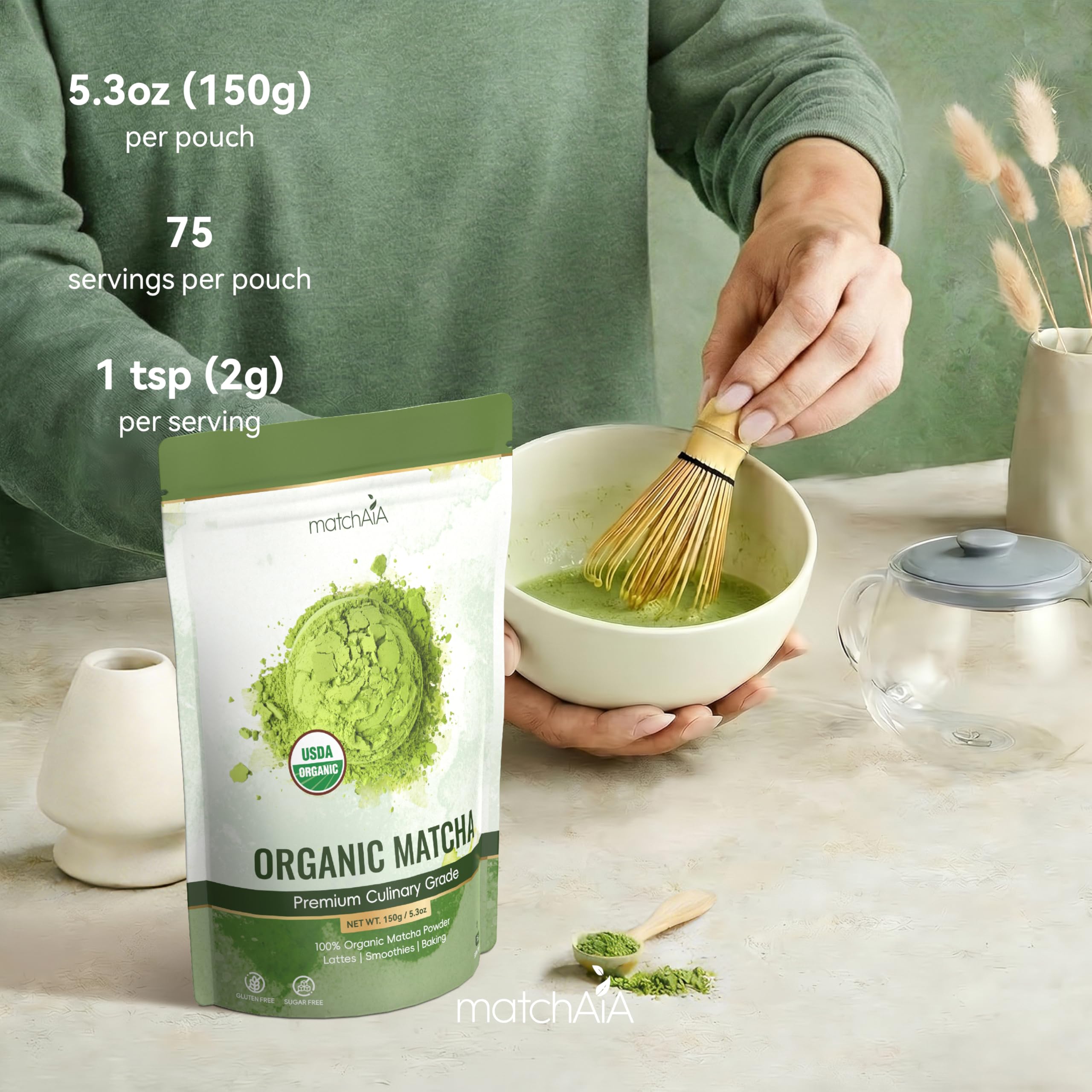 MatchAiA Organic Matcha Green Tea Powder - Premium Culinary Grade, USDA Certified, 100% Pure - Perfect for Lattes, Smoothies, Desserts and Baking - Sugar Free, Gluten Free matchaia