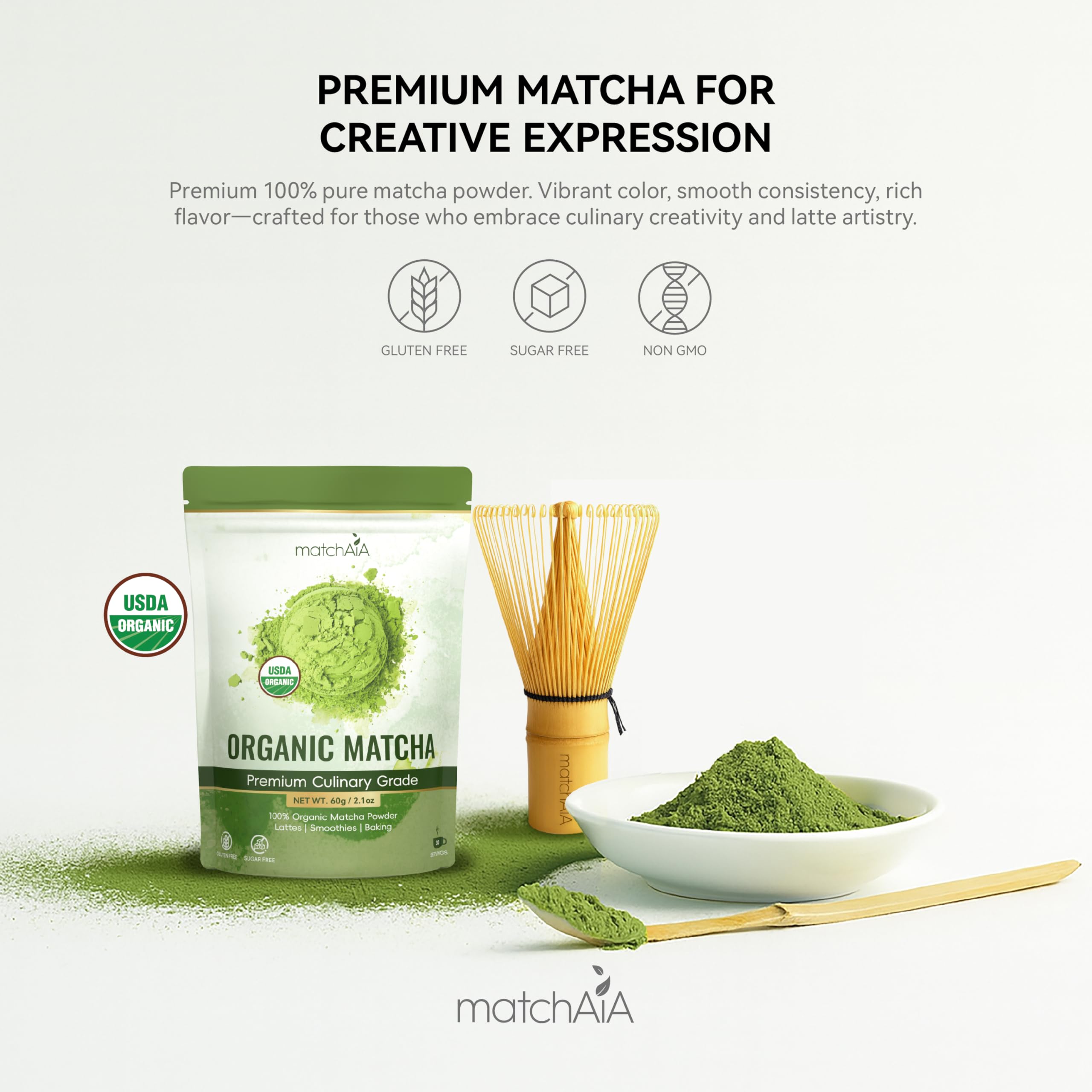 MatchAiA Organic Matcha Green Tea Powder - Premium Culinary Grade, USDA Certified, 100% Pure - Perfect for Lattes, Smoothies, Desserts and Baking - Sugar Free, Gluten Free matchaia