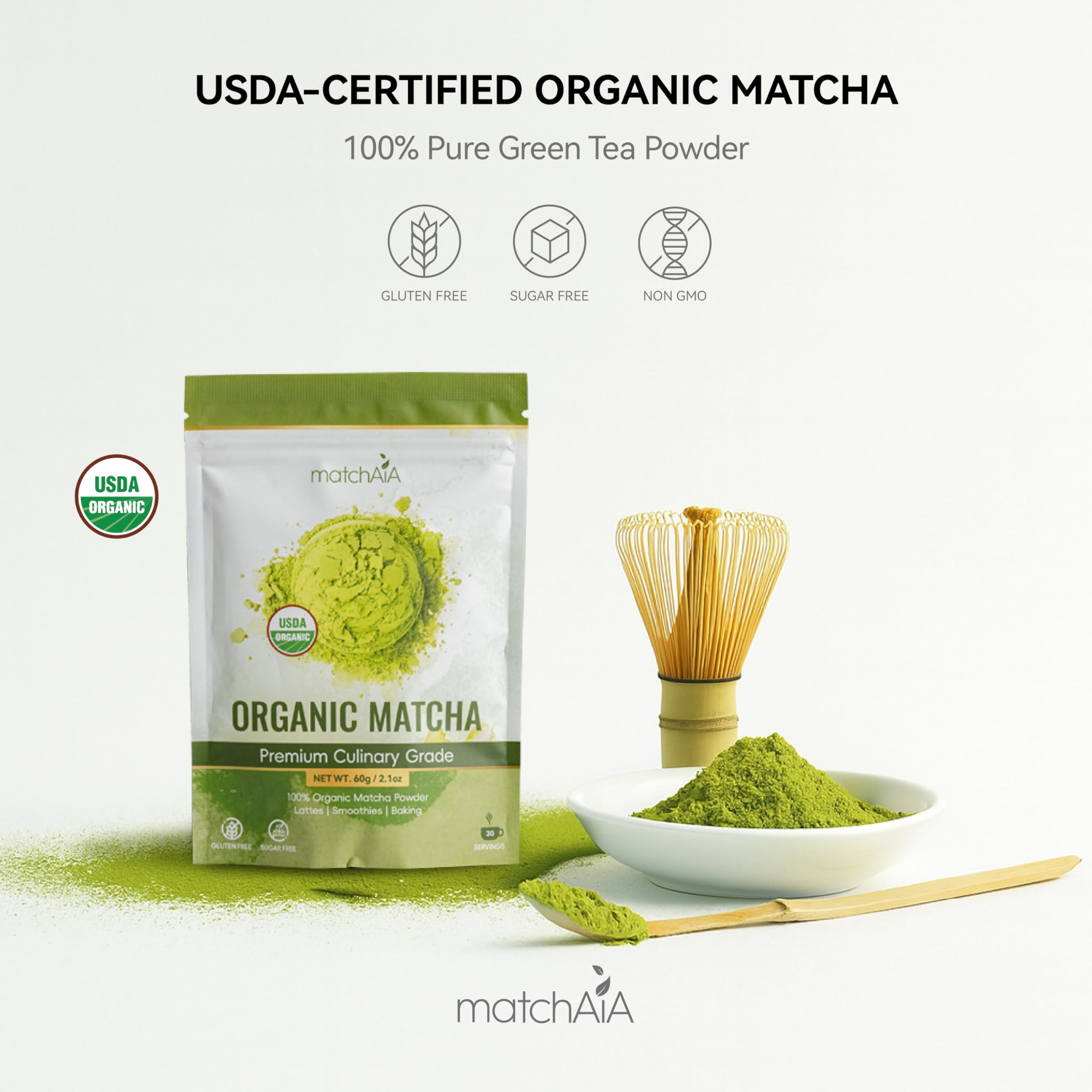 Premium Culinary Grade, 100% Pure Green Tea Powder, Perfect for Lattes, Smoothies, Desserts and Baking (60g / 2.1oz Pouch) matchaia