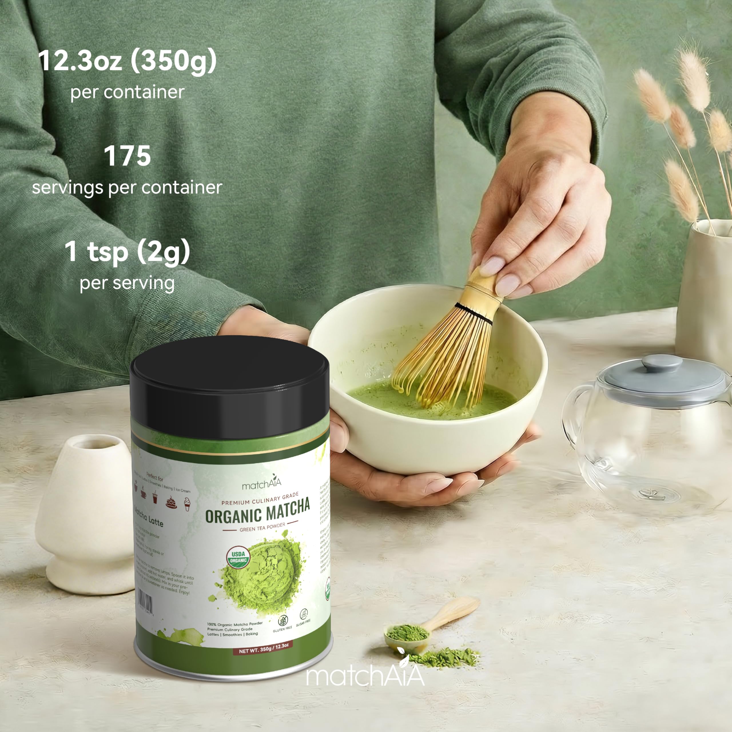 MatchAiA Organic Matcha Green Tea Powder - Premium Culinary Grade, USDA Certified, 100% Pure - Perfect for Lattes, Smoothies, Desserts and Baking - Sugar Free, Gluten Free (350g / 12.3oz Tin) matchaia
