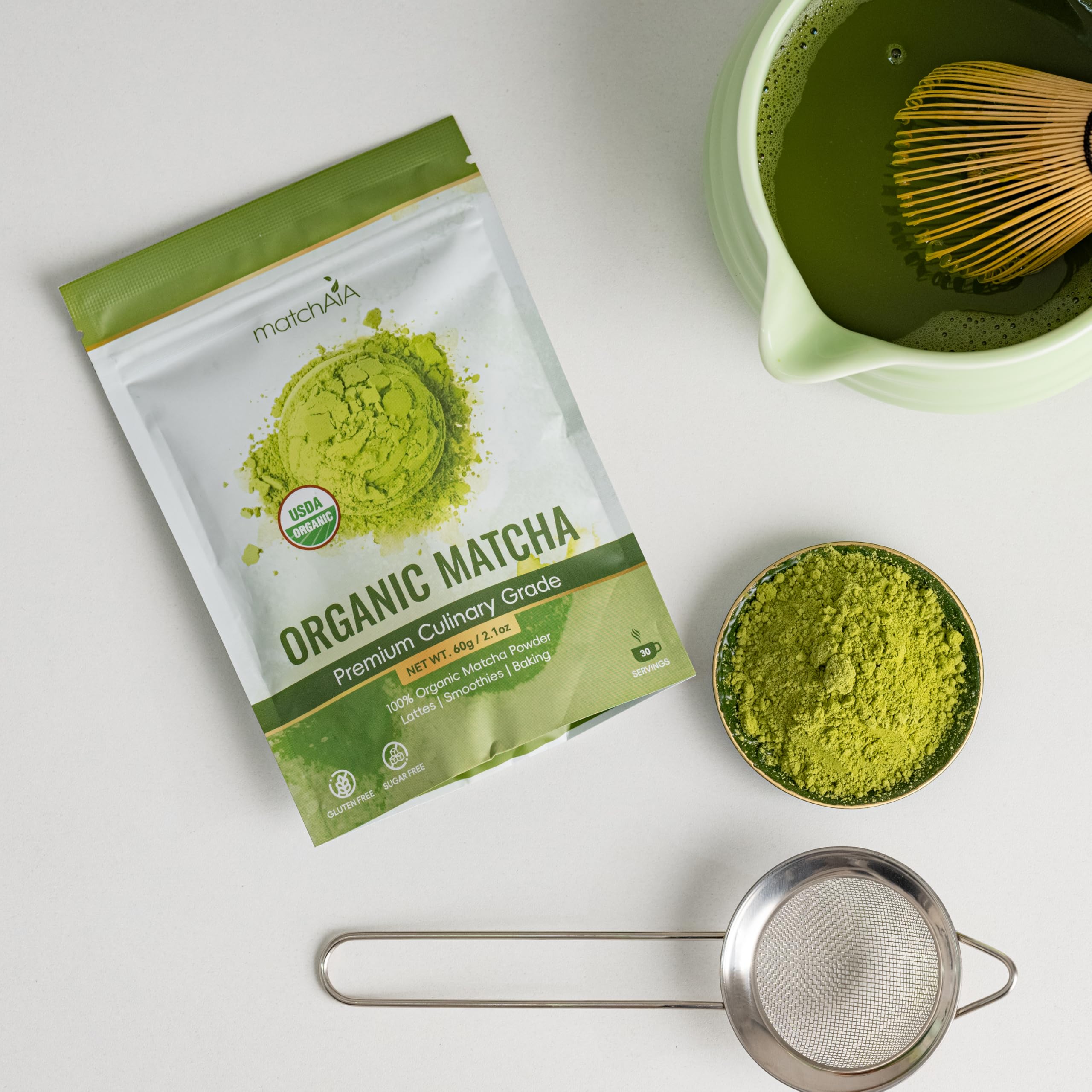 Premium Culinary Grade, 100% Pure Green Tea Powder, Perfect for Lattes, Smoothies, Desserts and Baking (60g / 2.1oz Pouch)