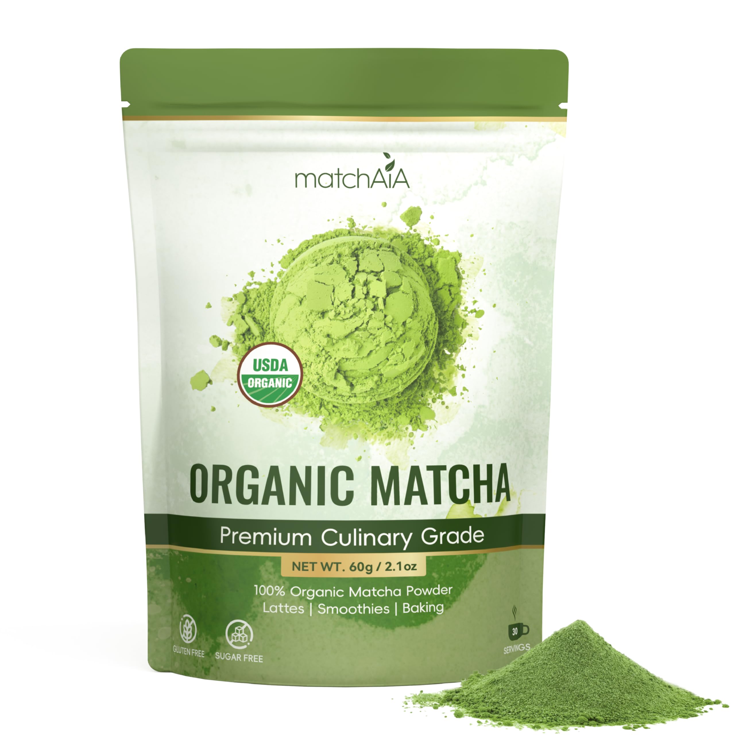 MatchAiA Organic Matcha Green Tea Powder - Premium Culinary Grade, USDA Certified, 100% Pure - Perfect for Lattes, Smoothies, Desserts and Baking - Sugar Free, Gluten Free matchaia
