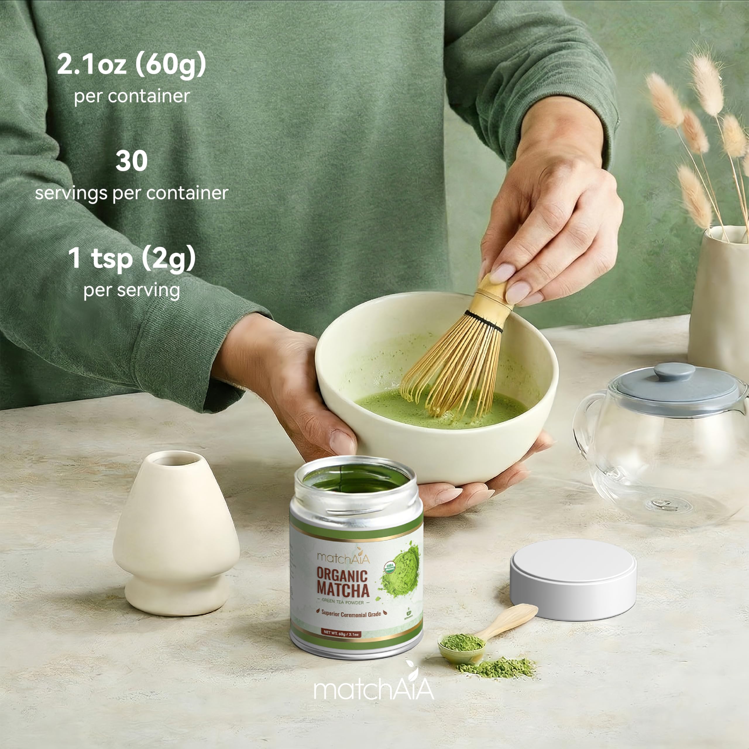 MatchAiA Organic Ceremonial Matcha Green Tea Powder - Superior Ceremonial Grade, First Spring Harvest, USDA Certified, 100% Pure - Sugar Free, Gluten Free matchaia