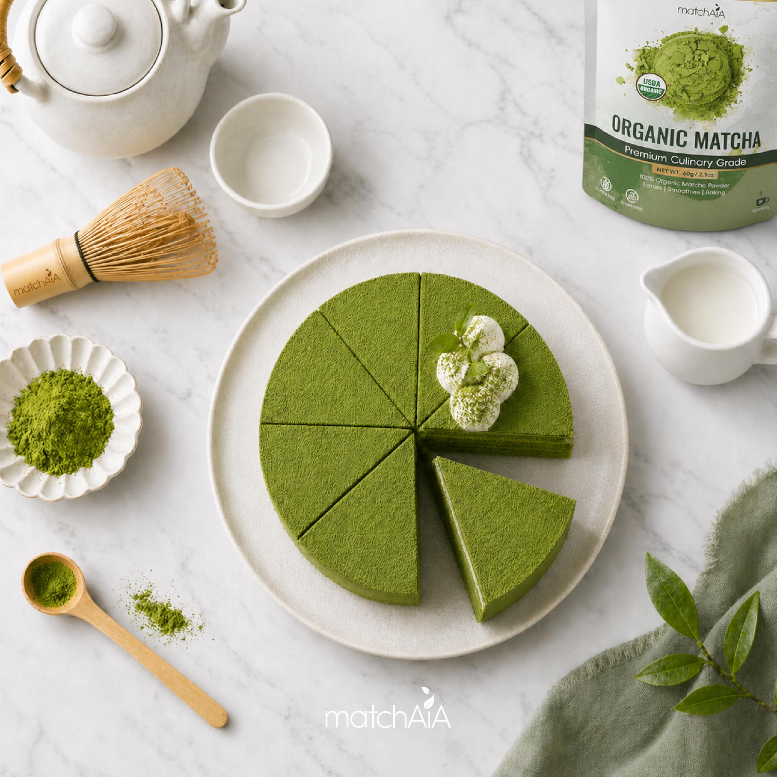 MatchAiA Organic Matcha Green Tea Powder - Premium Culinary Grade, USDA Certified, 100% Pure - Perfect for Lattes, Smoothies, Desserts and Baking - Sugar Free, Gluten Free matchaia