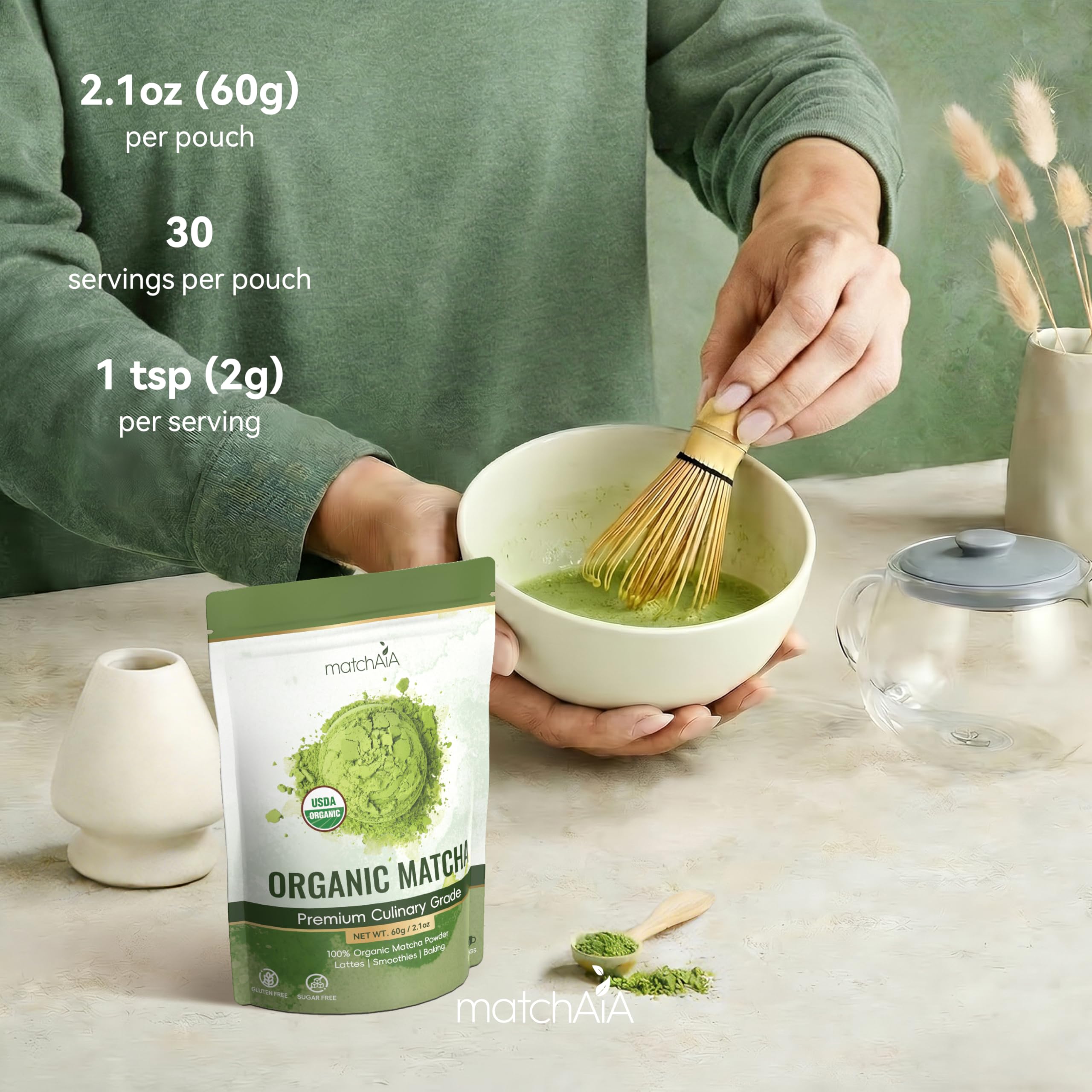 MatchAiA Organic Matcha Green Tea Powder - Premium Culinary Grade, USDA Certified, 100% Pure - Perfect for Lattes, Smoothies, Desserts and Baking - Sugar Free, Gluten Free matchaia