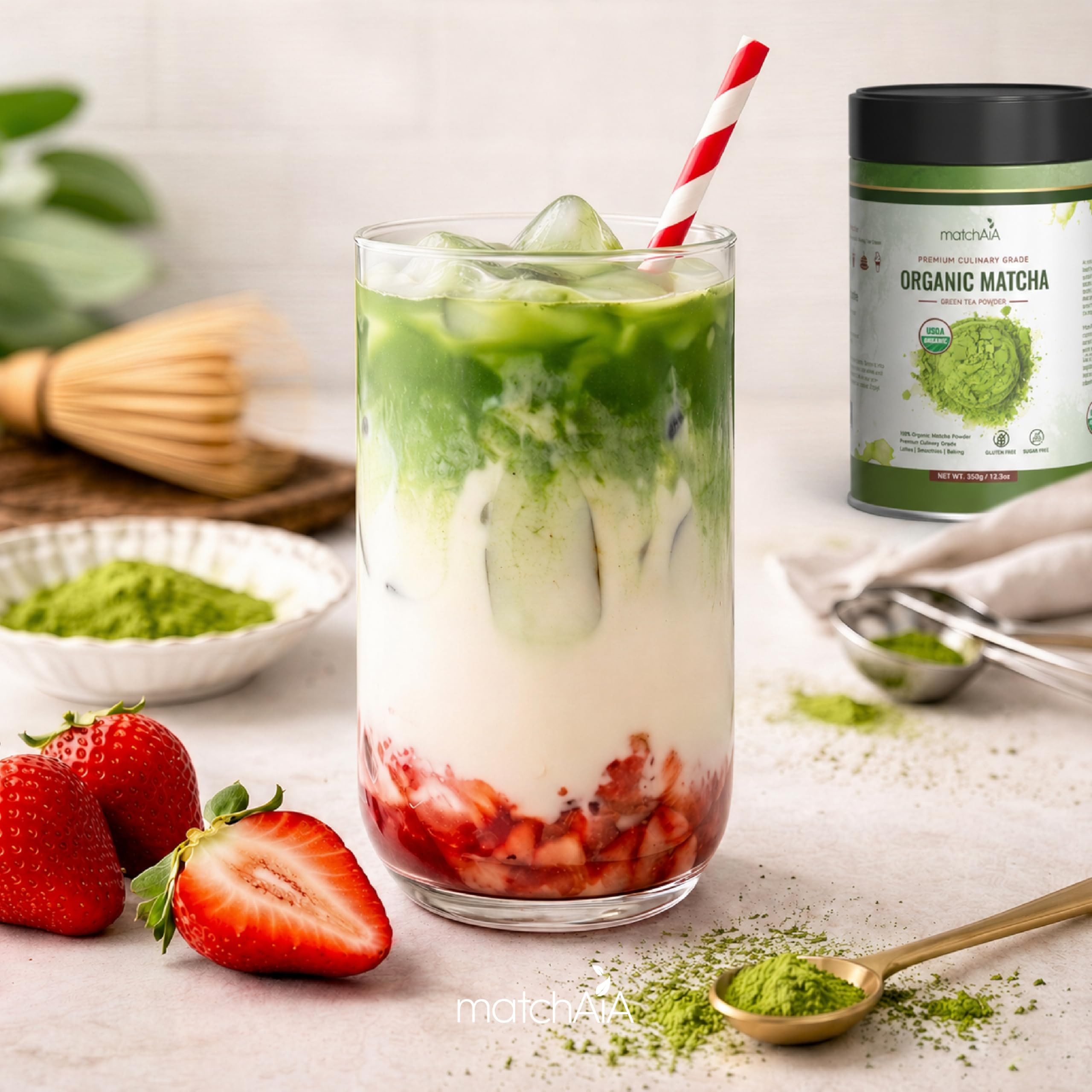 MatchAiA Organic Matcha Green Tea Powder - Premium Culinary Grade, USDA Certified, 100% Pure - Perfect for Lattes, Smoothies, Desserts and Baking - Sugar Free, Gluten Free (350g / 12.3oz Tin) matchaia