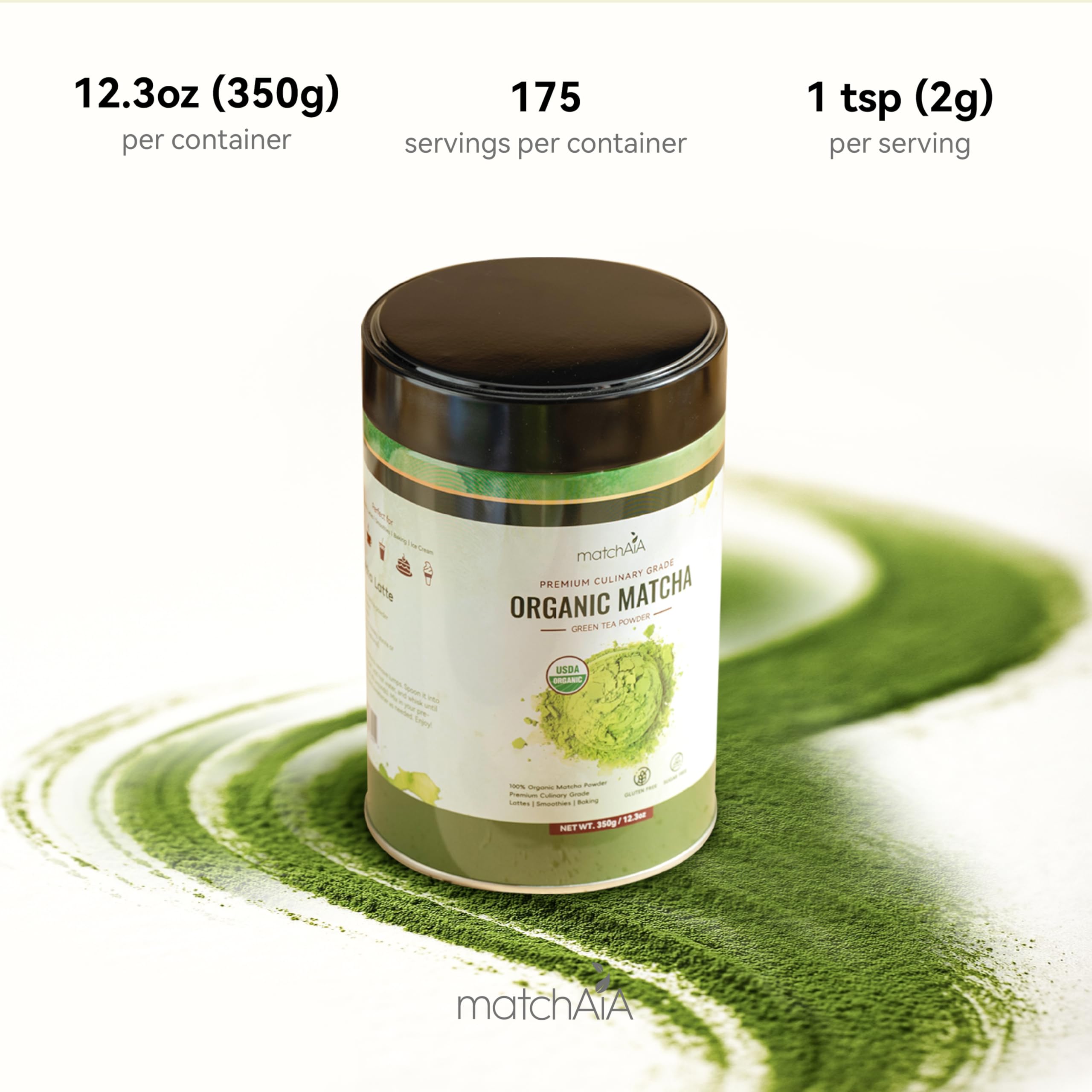 Premium Culinary Grade, 100% Pure Green Tea Powder, Perfect for Lattes, Smoothies, Desserts and Baking, Sugar Free, Gluten Free (350g / 12.3oz Tin Can) matchaia