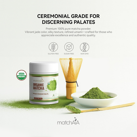 MatchAiA Organic Ceremonial Matcha Green Tea Powder - Superior Ceremonial Grade, First Spring Harvest, USDA Certified, 100% Pure - Sugar Free, Gluten Free (60g / 2.1oz Tin) MatchAiA