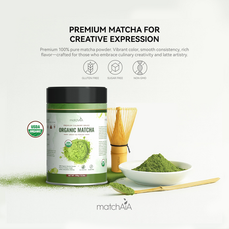 MatchAiA Organic Matcha Green Tea Powder - Premium Culinary Grade, USDA Certified, 100% Pure - Perfect for Lattes, Smoothies, Desserts and Baking - Sugar Free, Gluten Free (350g / 12.3oz Tin) matchaia