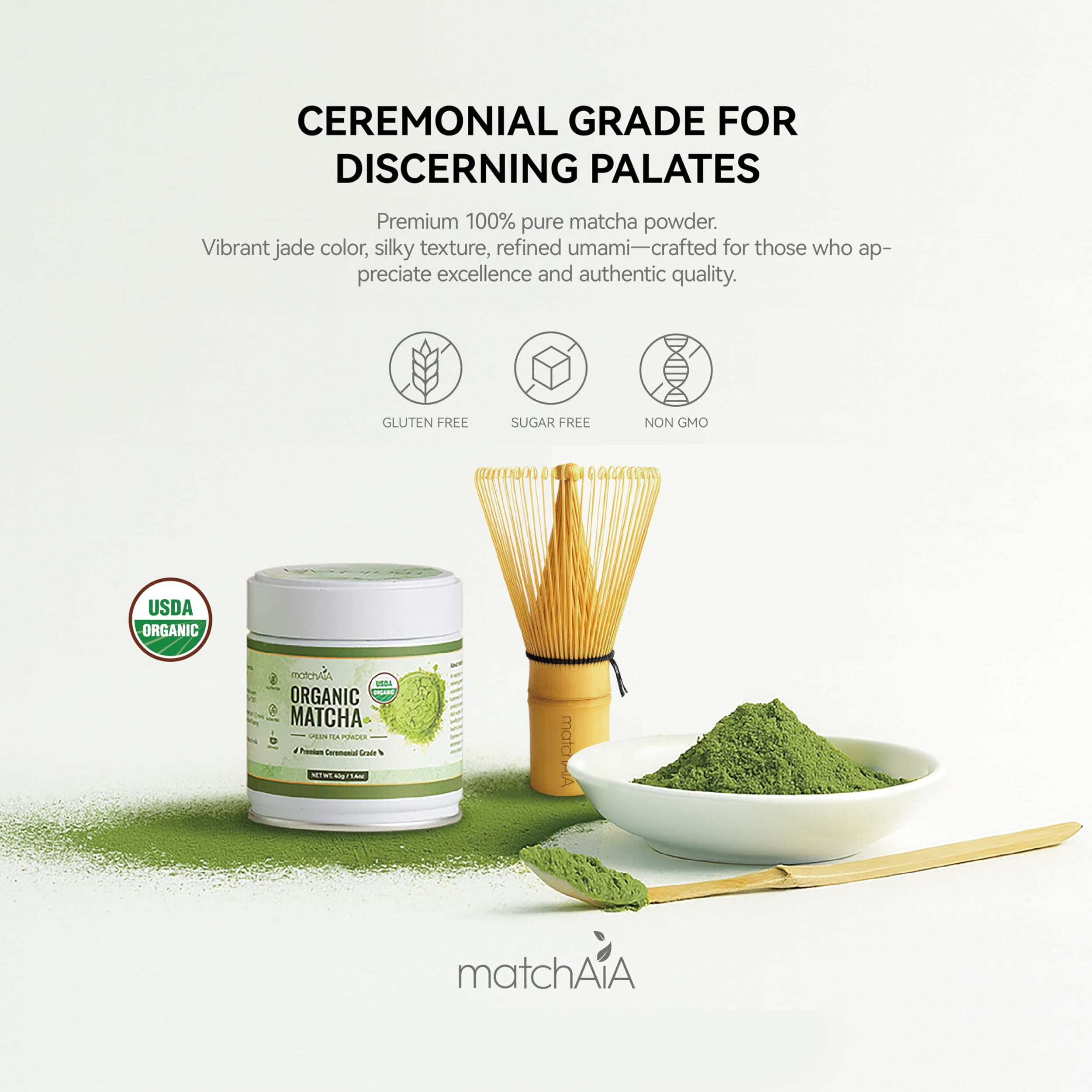 MatchAiA Organic Ceremonial Matcha Green Tea Powder - Premium Ceremonial Grade, First Spring Harvest, USDA Certified, 100% Pure - Sugar Free, Gluten Free matchaia